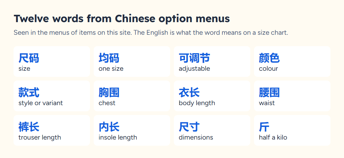 Grid of twelve Chinese option menu words with English meanings