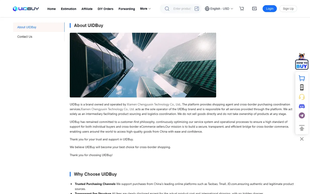 UIDBuy about page describing the platform as an intermediary