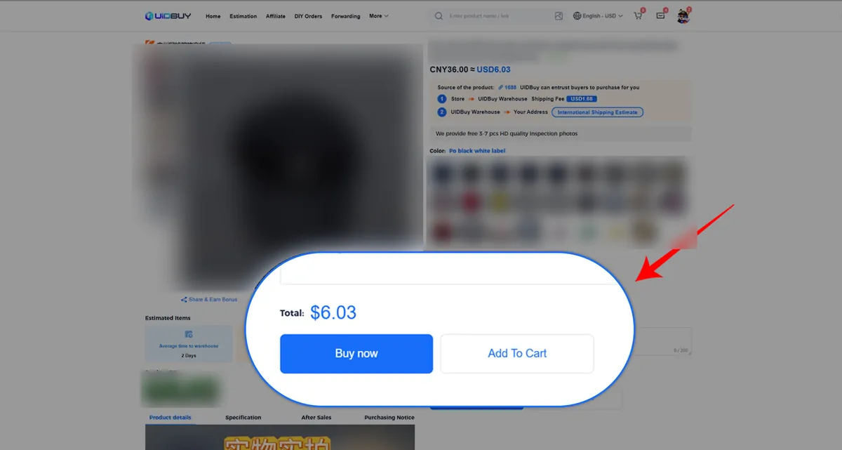 Guide screenshot: item page with price in yuan and dollars, the warehouse freight line and Buy now and Add to Cart buttons