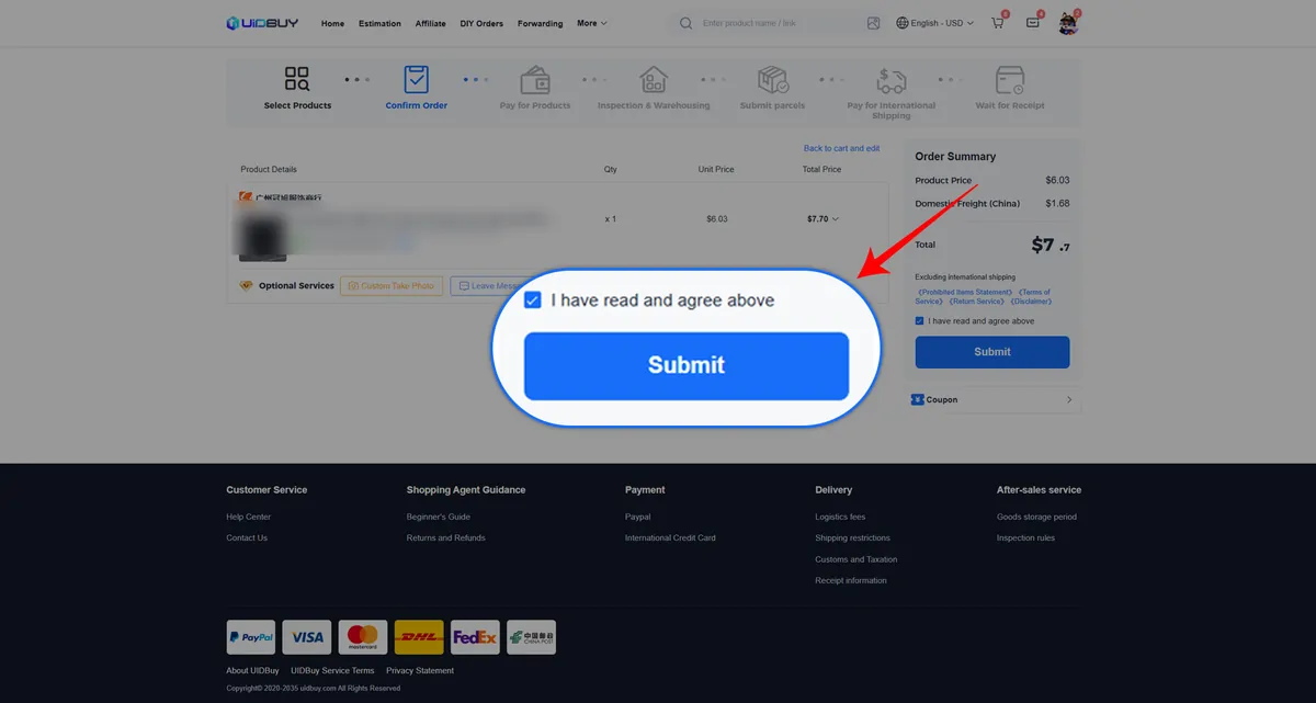 Guide screenshot: order confirmation with product price, domestic freight, optional services and the Submit button