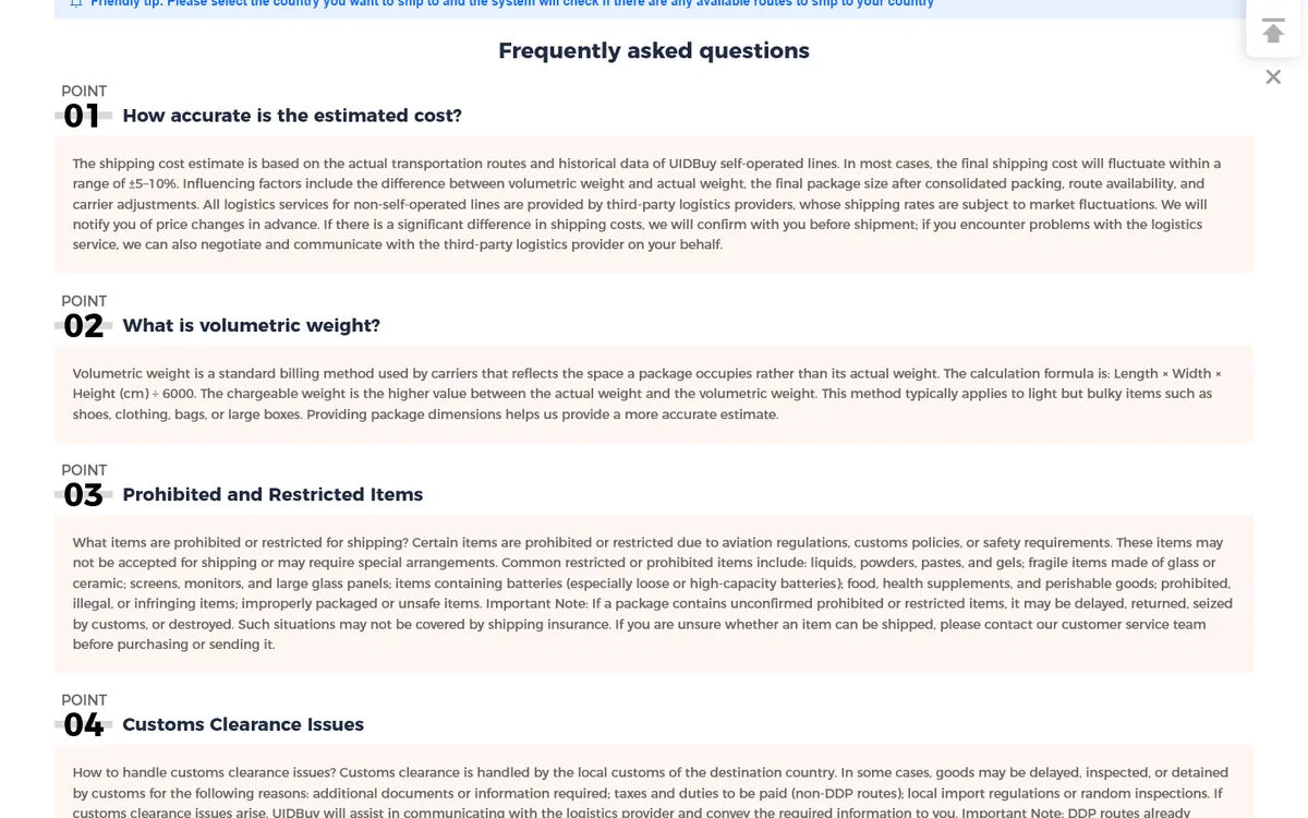 UIDBuy estimation page FAQ explaining volumetric weight and the length times width times height divided by 6000 formula