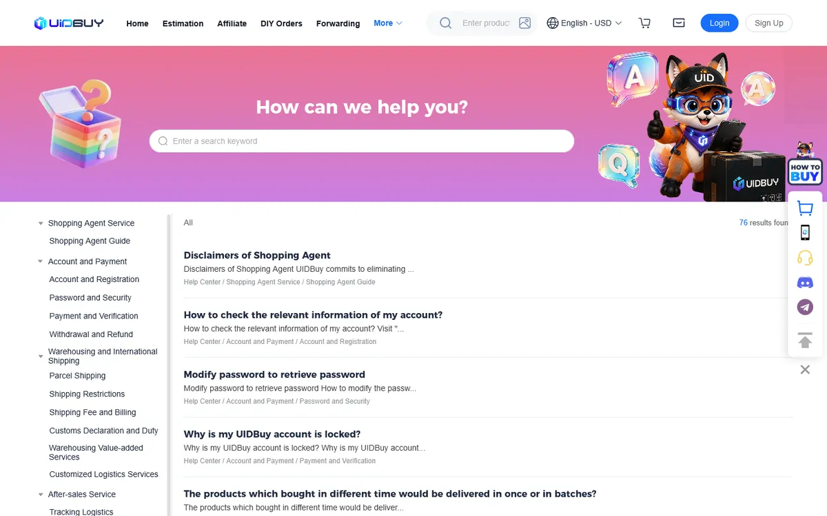 UIDBuy help centre index with categories down the left side