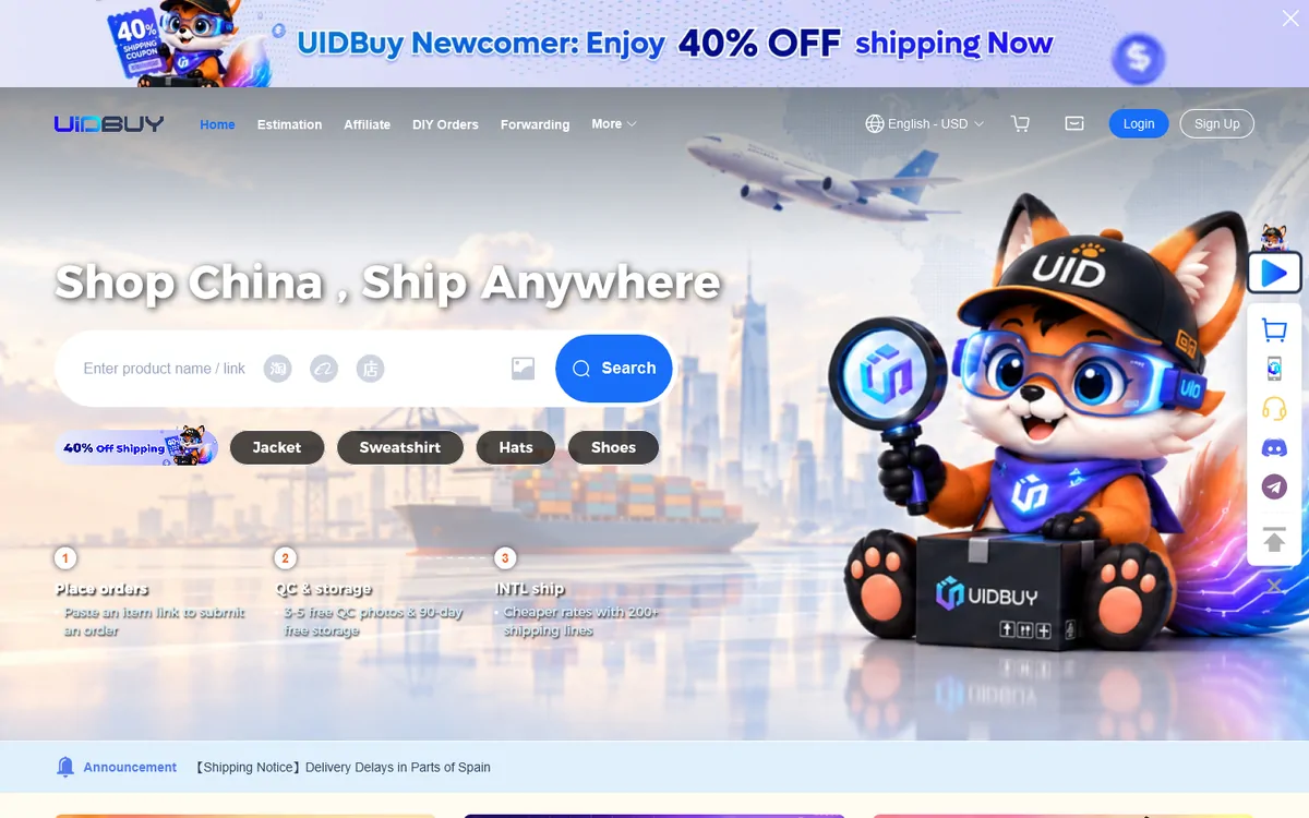 UIDBuy home page with search bar, category pills and the fox mascot