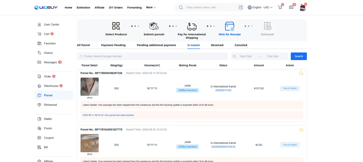 Guide screenshot: a parcel in transit with tracking steps