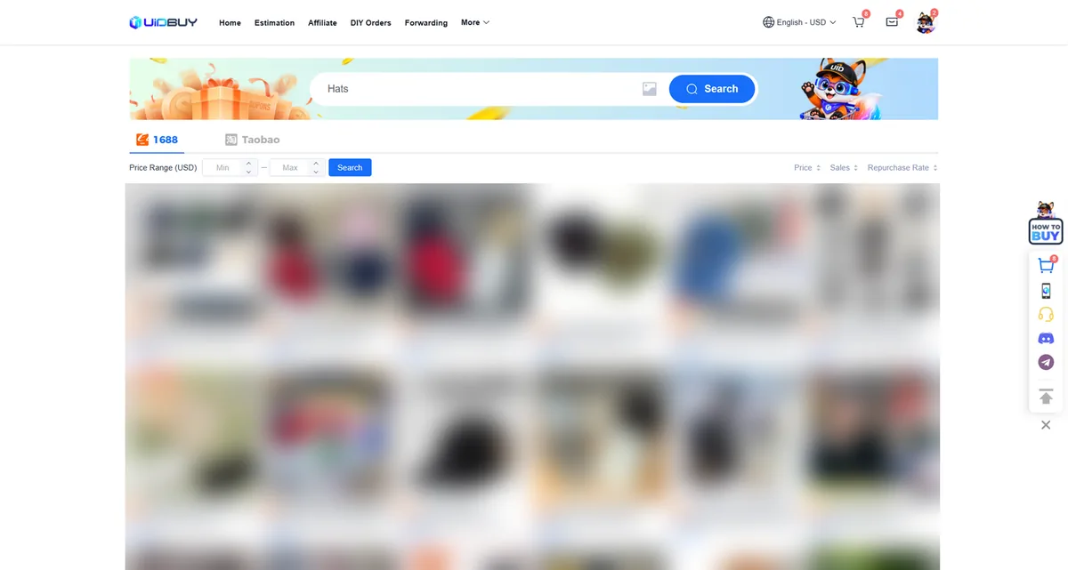 Guide screenshot: keyword results for hats with 1688 and Taobao tabs and a price range filter