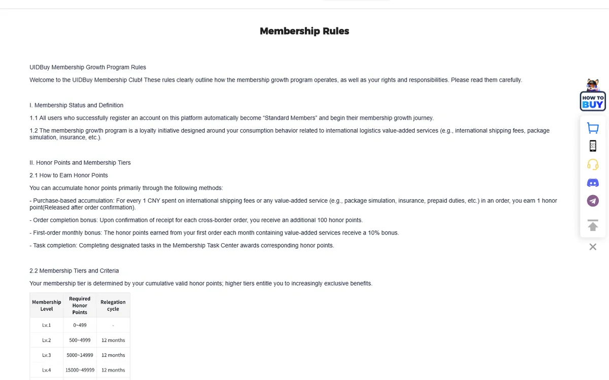 UIDBuy member rules page describing honor points