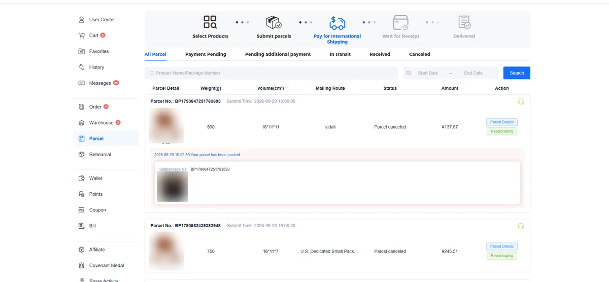 Guide screenshot: parcel list with tabs for payment pending, in transit and received, showing weight, volume and route