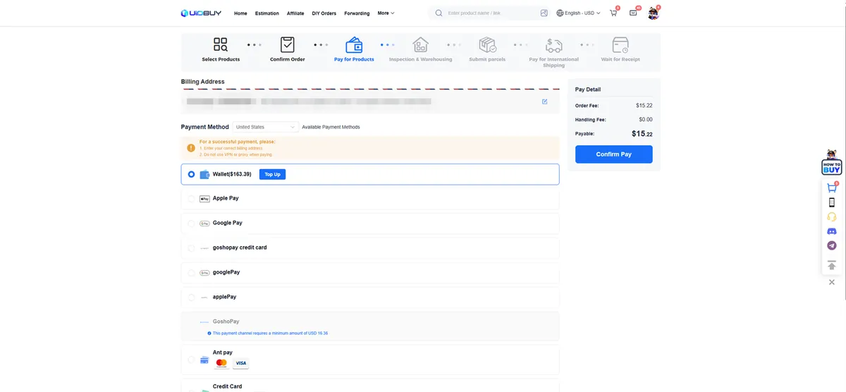 Payment screen with order fee, handling fee and payable total in the pay detail box
