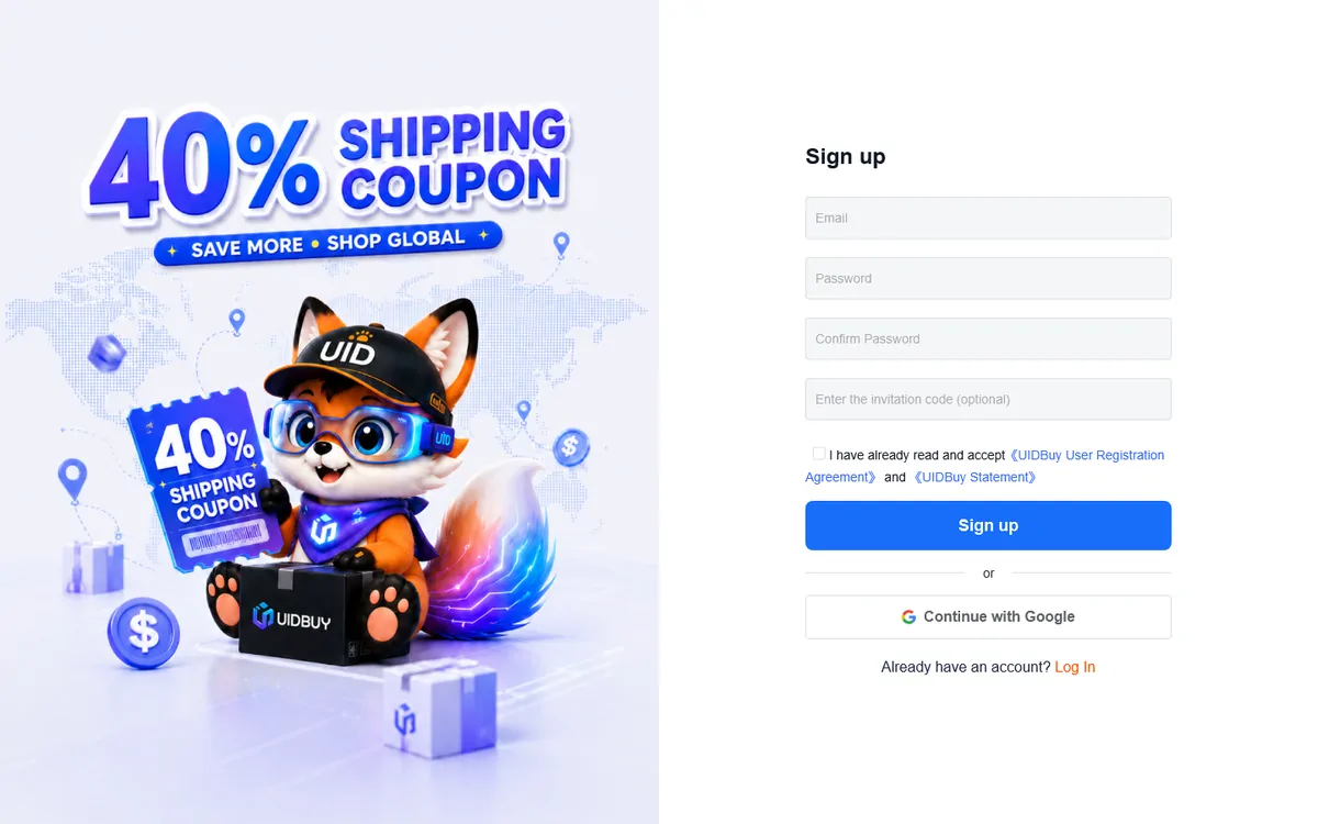 UIDBuy sign-up page with email, password and a Google button