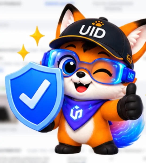The UIDBuy fox mascot in goggles and a UID cap, holding a shield with a tick