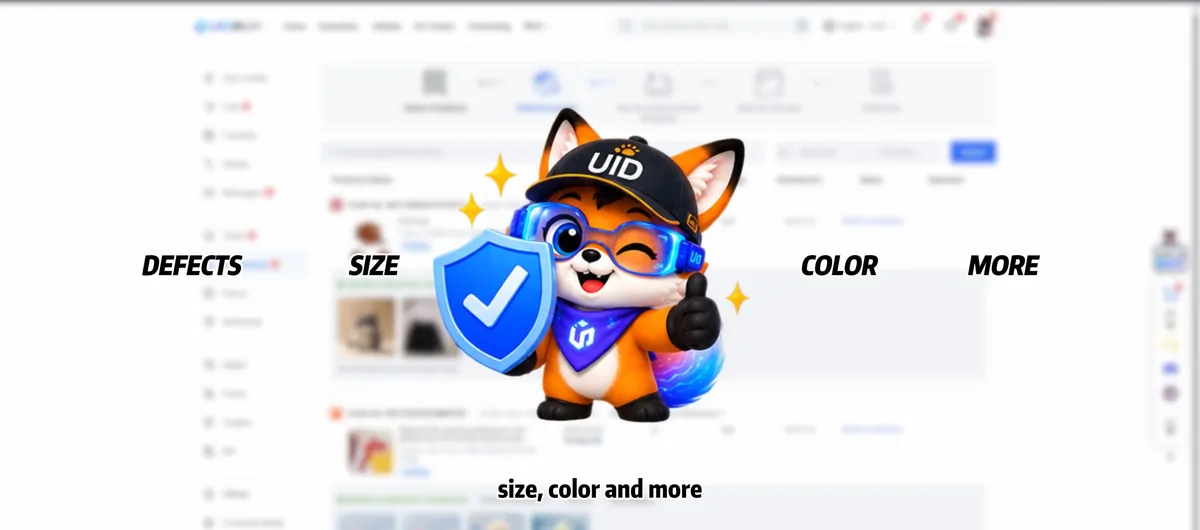 Still from the UIDBuy guide video: the fox mascot holding a shield, with the words defects, size, colour and more