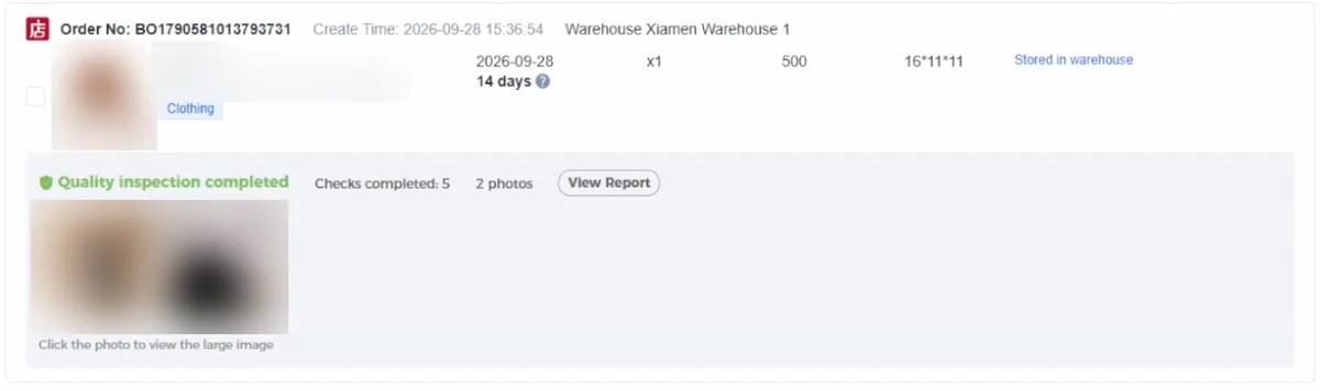 Video still: warehouse list entry with a stored date, weight, volume and a finished inspection with two photos