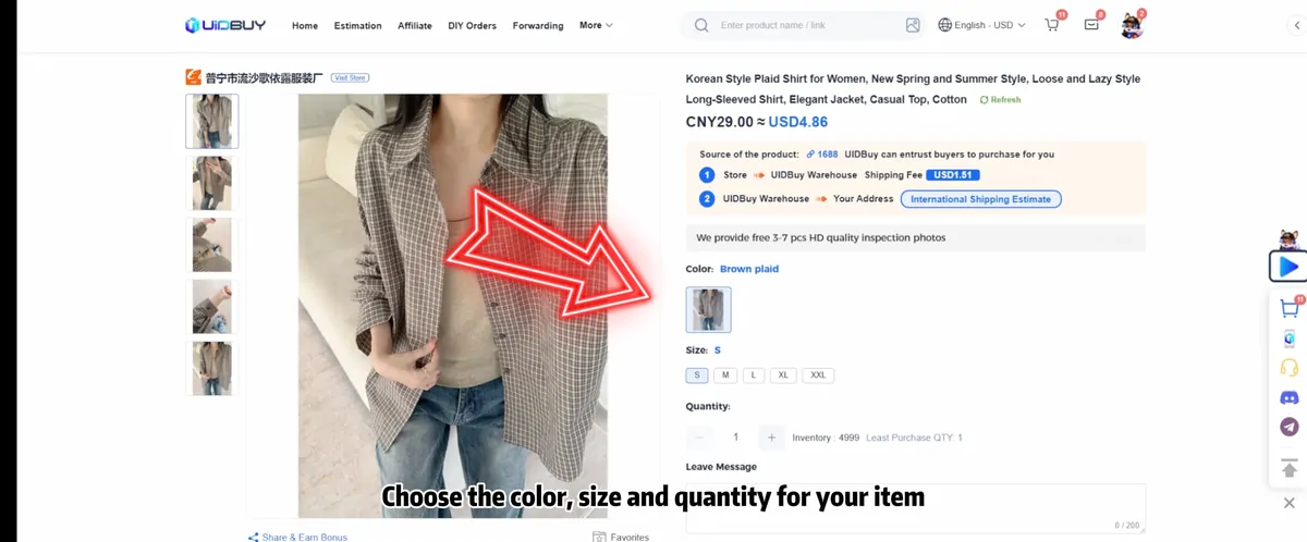 Video still: item page showing colour brown plaid, size buttons S to XXL, quantity and inventory
